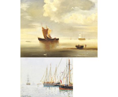 WILLIAM AYERST INGRAM RBA (1855-1913); watercolour on paper, moored ships, signed lower left, framed and glazed, 12.5 x 17cm,