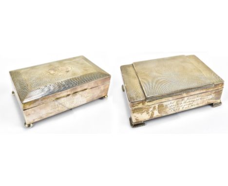 JOSEPH GLOSTER LTD; a George V hallmarked silver rectangular cigarette box, the cover with engine turned decoration surroundi