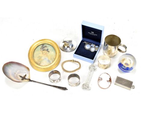 A mixed group of collectors' items including small hallmarked silver Capstan inkwell, a silver bracelet and earrings set with