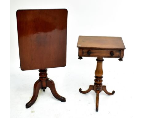 A rectangular mahogany side table with single drawer featuring four pendants on baluster ring turned column to three feet, 74