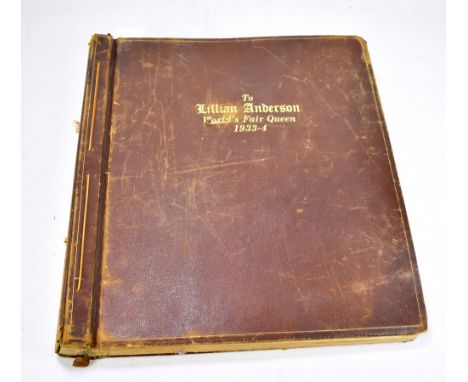 CHICAGO WOLRD'S FAIR 1933-4; a large folio size leather bound scrap book inscribed 'To Lillian Anderson World's Fair Queen 19