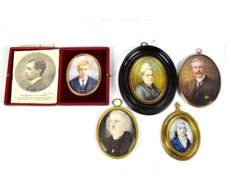 Five portrait miniatures including gentleman in brown suit, identified to label verso as John Empsell Esquire of Ben Rhydding