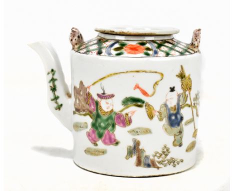 A late 19th century Chinese porcelain Famille Verte teapot decorated in enamels with figures in typical garden setting beneat