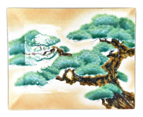 A rectangular ginbari enamelled dish featuring pine tree, stamped verso '9th International Ceramic HBER Meeting, May 1980, Is