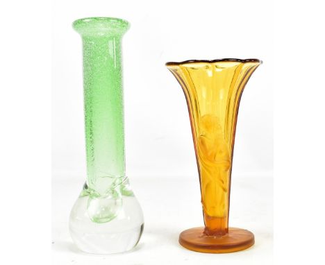 A Sklo Union Czech glass vase, with internal green bobble decoration, height 26cm, also a Walther &amp; Shone glass vase, hei