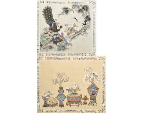 Two Oriental gouaches on silk, the first depicting two peacocks and crane, 40.5 x 42.5cm, including floral border, the second