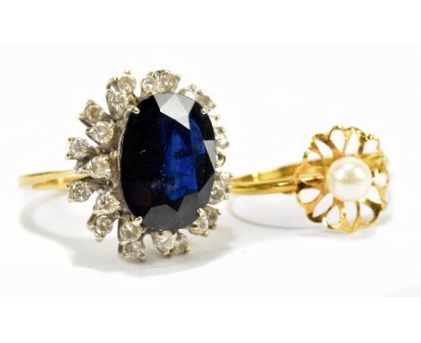 A yellow and white metal sapphire and diamond cluster ring (one stone missing), unmarked (electronic test suggested 18ct gold