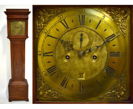 A late 18th/early 19th century oak cased longcase clock, the brass dial set with Arabic and Roman numerals, subsidiary second