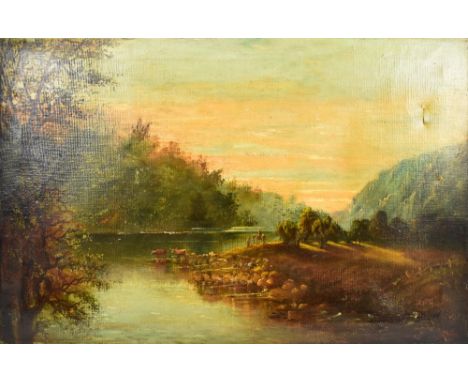 DAW; oil on canvas, river scene featuring man on horseback, further figure and cattle watering, signed lower right, 49 x 74cm