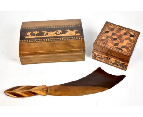 A Tunbridge ware inlaid box of square form, an inlaid paper knife and an Italian inlaid jewellery box (3).