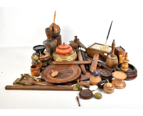 A collection of 19th century and later treen items, to include Black Forest finial depicting a cock and pheasant, Chinese sta