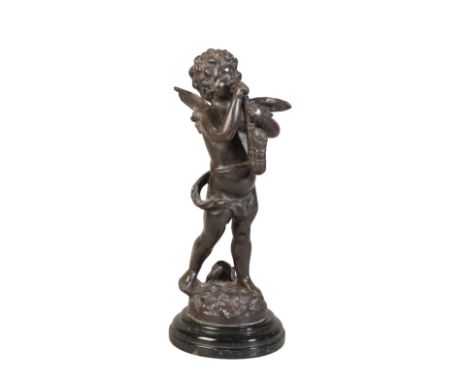 AFTER AUGUSTE MOREAU (1861-1906), A PATINATED BRONZE OF A MUSICIAN CHERUB19th century, standing upon a rocky outcrop, signed,
