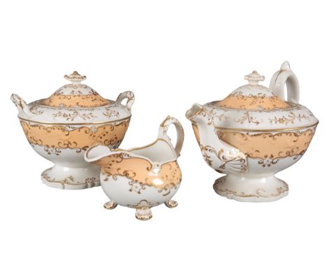 AN H & R DANIEL SHELL SHAPE PART TEA SERVICE in pattern 4763, with apricot borders and gilt foliate banding, including a teap