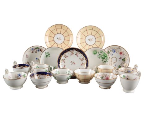 A GROUP OF FIVE H & R DANIEL PLAIN EDGE SHAPE TRIOS including pattern 4726, with blue and gilt borders issuing pink flowers, 