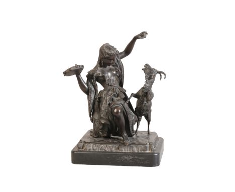 A CONTINENTAL BRONZE GROUP OF "ESMERALDA DANCING WITH GOAT" 19th/20th century, the woman dancing with tambourine in hand and 