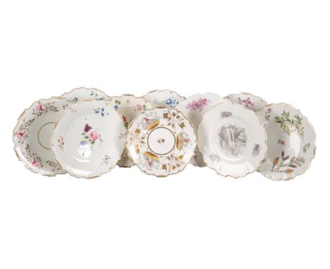 A COLLECTION OF H & R DANIEL SHREWSBURY SHAPE PLATES including one plate in an unusual pattern, decorated with shells painted