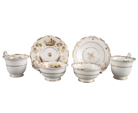 TWO H & R DANIEL SHREWSBURY SHAPE TRIOS including pattern 4244, painted with landscapes against a white ground, and pattern 4