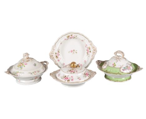 A GROUP OF THREE H & R DANIEL TUREENS including one of Stanhope shape, in pattern 7180, with green borders and floral sprays,
