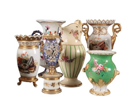 A GROUP OF SIX H & R DANIEL ORNAMENTAL WARES including a twin handled vase painted with pink roses, 21cm high, an acanthus sh