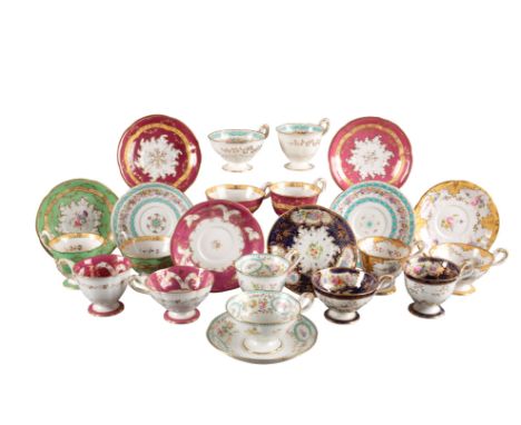 A GROUP OF SEVEN H & R DANIEL ACANTHUS SHAPE TRIOS including pattern 6381, with maroon and yellow border, with an additional 
