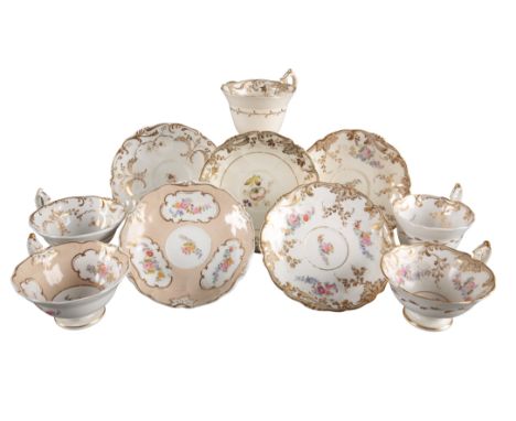 A GROUP OF FIVE H & R DANIEL FIRST BELL SHAPE CUPS AND SAUCERS including three teacups, in pattern 6056, pattern 6156 and pat
