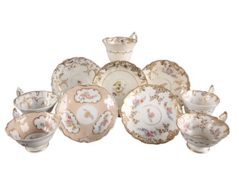 A GROUP OF FIVE H & R DANIEL FIRST BELL SHAPE CUPS AND SAUCERS including three teacups, in pattern 6056, pattern 6156 and pat