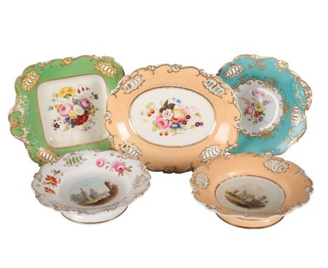 A GROUP OF FIVE H & R DANIEL SHELL 'PIERCED' SHAPE SERVING DISHES including two low circular comports, one in pattern 5813, o