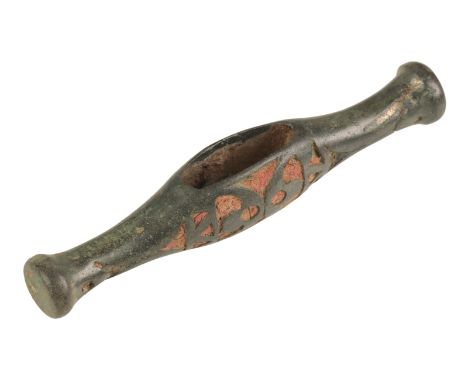 A LATE IRON AGE BRONZE HARNESS FITTING c. AD 1-100, the copper alloy toggle or cheek-piece of sub-rectangular shape tapering 