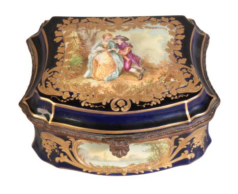 A FRENCH ORMOLU MOUNTED SOFT PASTE PORCELAIN JEWELLERY CASKET of 18th century Sèvres style and shaped outline, 19th century, 