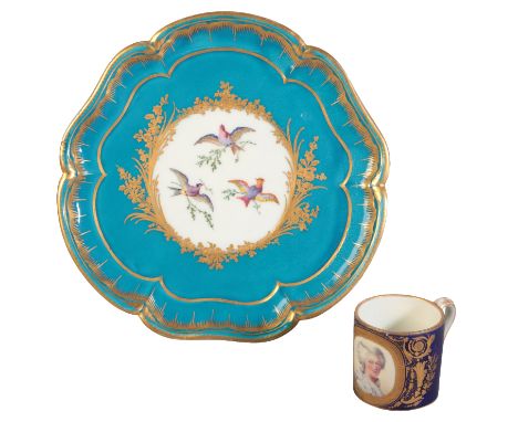 A SÈVRES PORCELAIN PLATEAU BOURET 18th century, of shaped outline, enamelled to the centre with three birds within gilded tur