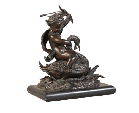 A CONTINENTAL BRONZE GROUP OF A CHERUB AND SWAN19th/20th century, the cherub astride a swan, clutching at the swan's neck wit