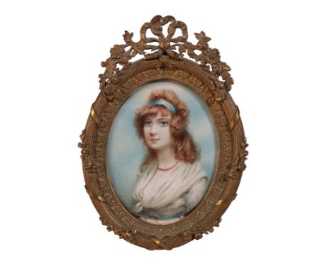 ENGLISH SCHOOL, 19TH CENTURY Portrait of a young noble woman wearing blue ribbon to her hair, painted on ivory, the oval bras