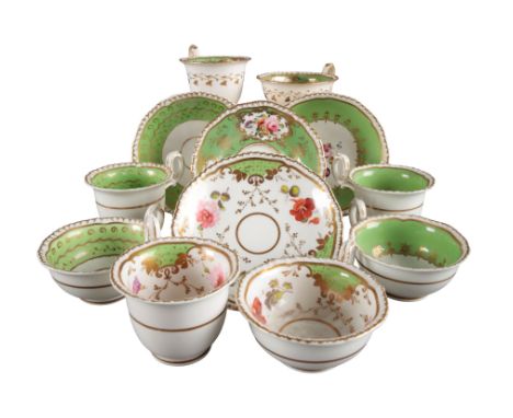 A GROUP OF FOUR H & R DANIEL SECOND GADROON SHAPE TRIOS including pattern 4090, with green and gilt borders and panels of flo