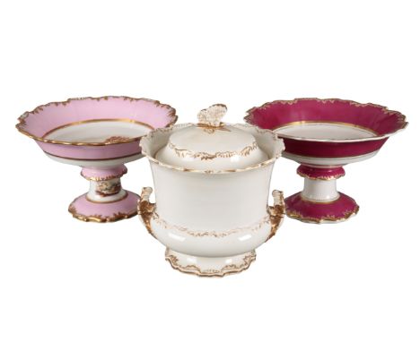 TWO H & R DANIEL SHREWSBURY SHAPE CENTREPIECES including one in pattern 4354, with maroon and gilt borders, 17.5cm high, and 