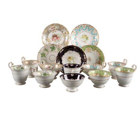 A GROUP OF FIVE H & R DANIEL SUTHERLAND SHAPE TRIOS including pattern 7649, with turquoise and gilt border, pattern 8019, wit