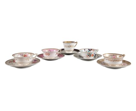 A GROUP OF FIVE H & R DANIEL ETRUSCAN SHAPE CUPS AND SAUCERS including four teacups in pattern 3877, pattern 3957, pattern 38