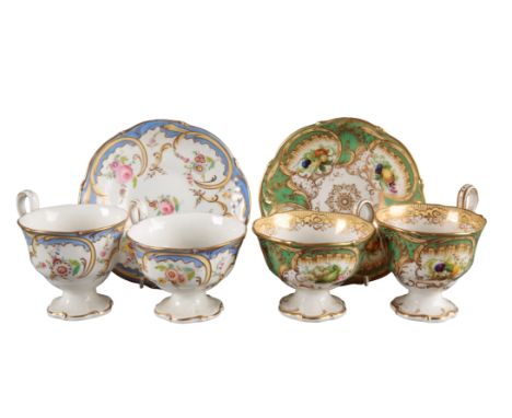TWO H & R DANIEL SAVOY SHAPE TRIOS including pattern 8820, with a green ground decorated with panels of fruit, and pattern D4