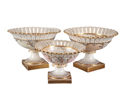 A GROUP OF THREE H & R DANIEL MAYFLOWER SHAPE CENTREPIECES including one in pattern 4633, decorated with panels of exotic bir