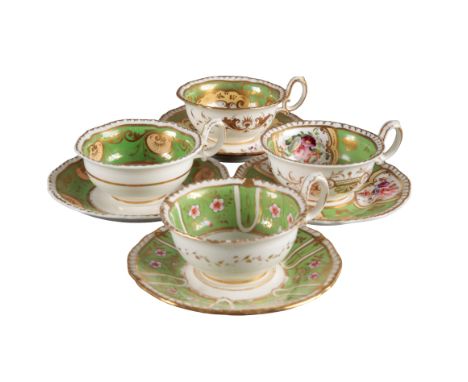 A GROUP OF FOUR H & R DANIEL SECOND GADROON SHAPE TEACUPS AND SAUCERS including patterns 4172, 4115, 4203 and 4341, all decor