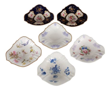 A GROUP OF SIX H & R DANIEL CUSPED SHAPE SHELL DISHES including a pair in pattern 3841, one in pattern 3839, one with lilac v