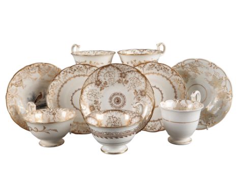 A GROUP OF FIVE H & R DANIEL SUTHERLAND SHAPE CUPS AND SAUCERS including four teacups in pattern 7734, pattern 8397 and two i
