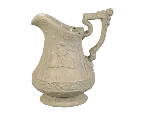 A W. RIDGWAY PALE GREEN POTTERY 'EGLINGTON TOURNAMENT' JUG19th century, moulded in relief, dated to base 1st September 1840, 