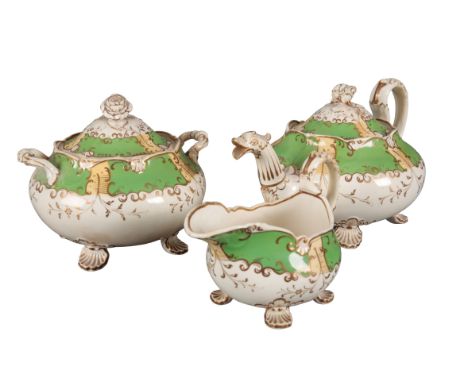 AN H & R DANIEL SHELL 'B' SHAPE PART TEA SERVICE decorated in pattern 4745, including teapot, 15cm high, sugar box and a jug 