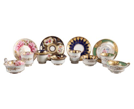 A GROUP OF FOUR H & R DANIEL ETRUSCAN SHAPE TRIOS including pattern 3859, with floral panels within blue and yellow ground bo