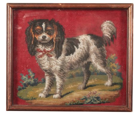 A VICTORIAN GLASS BEADWORK FRAMED PANEL OF A KING CHARLES SPANIEL with wool tapestry background, 26cm x 22cm; together with a