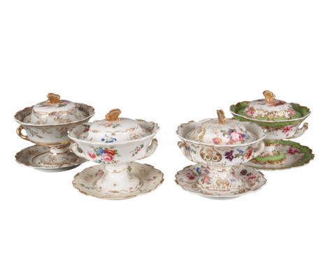A GROUP OF FOUR H & R DANIEL SHREWSBURY SHAPE CREAM BOWLS including a bowl and stand in pattern 4397, a bowl and stand in pat