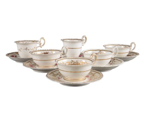 A GROUP OF SIX H & R DANIEL SECOND GADROON SHAPE CUPS AND SAUCERS including a trio and a coffee cup and saucer in pattern 410