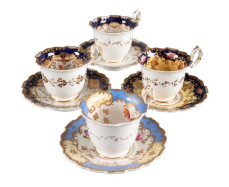 A GROUP OF FOUR H & R DANIEL SHREWSBURY SHAPE COFFEE CUPS including pattern number 4492, painted with exotic birds, pattern n