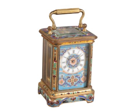 A FRENCH CLOISONNÉ MINIATURE CARRIAGE TIMEPIECE19th century, the cloisonné style enamelled dial with Roman numerals to chapte