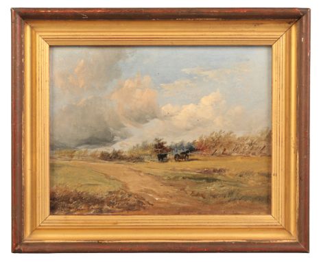 ATTRIBUTED TO ALFRED VICKERS (1786-1868) Horses and cart in a country fieldoil painting on panel, P&D Colnaghi & Co label ver